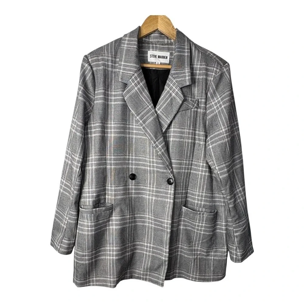 Steve Madden Plaid Double‎ Breasted Blazer Womens Large Gray Professional